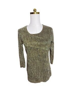 Jennie & Marlis Black and Gold 3/4 Sleeve Scoop Neck Knit Top Ruffles Size S
